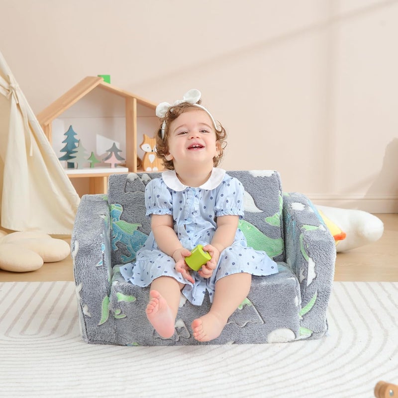 Kisdsa Toddler Couch Fold Out, Foldable Kids Couch with Blanket, Flip Out Toddler Chair, Foam Sofa for Girls & Boys, Convertible Sofa Gift for Children Age 1-3 (Glow Dino Grey) - Image 2